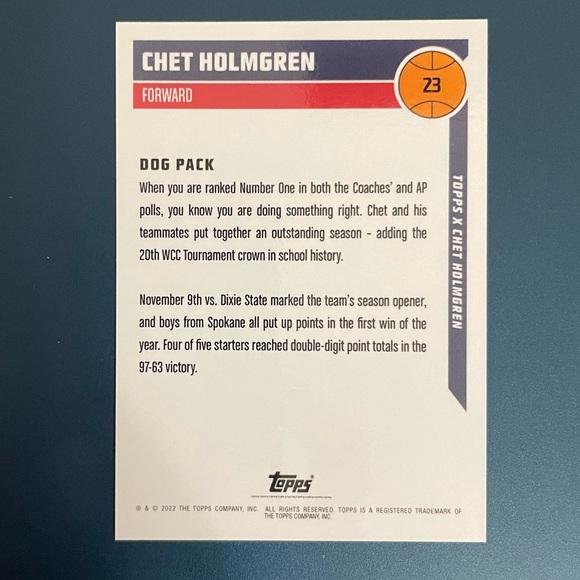 Limited Edition Chet Holmgren Rookie Card 2022 Topps X Chet Holmgren Thunder​ - Picture 2 of 2